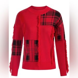 Casual Pullover Sweaters Long Sleeve Color Block Knit Christmas Sweaters Red XL
